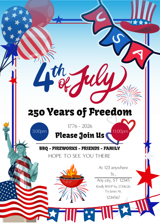 4th of July Party Invitation Template | Editable Canva Flyer Printable | Vibrant Summer Backyard BBQ Invites, July 4th Celebrations & Fireworks Party Stationery